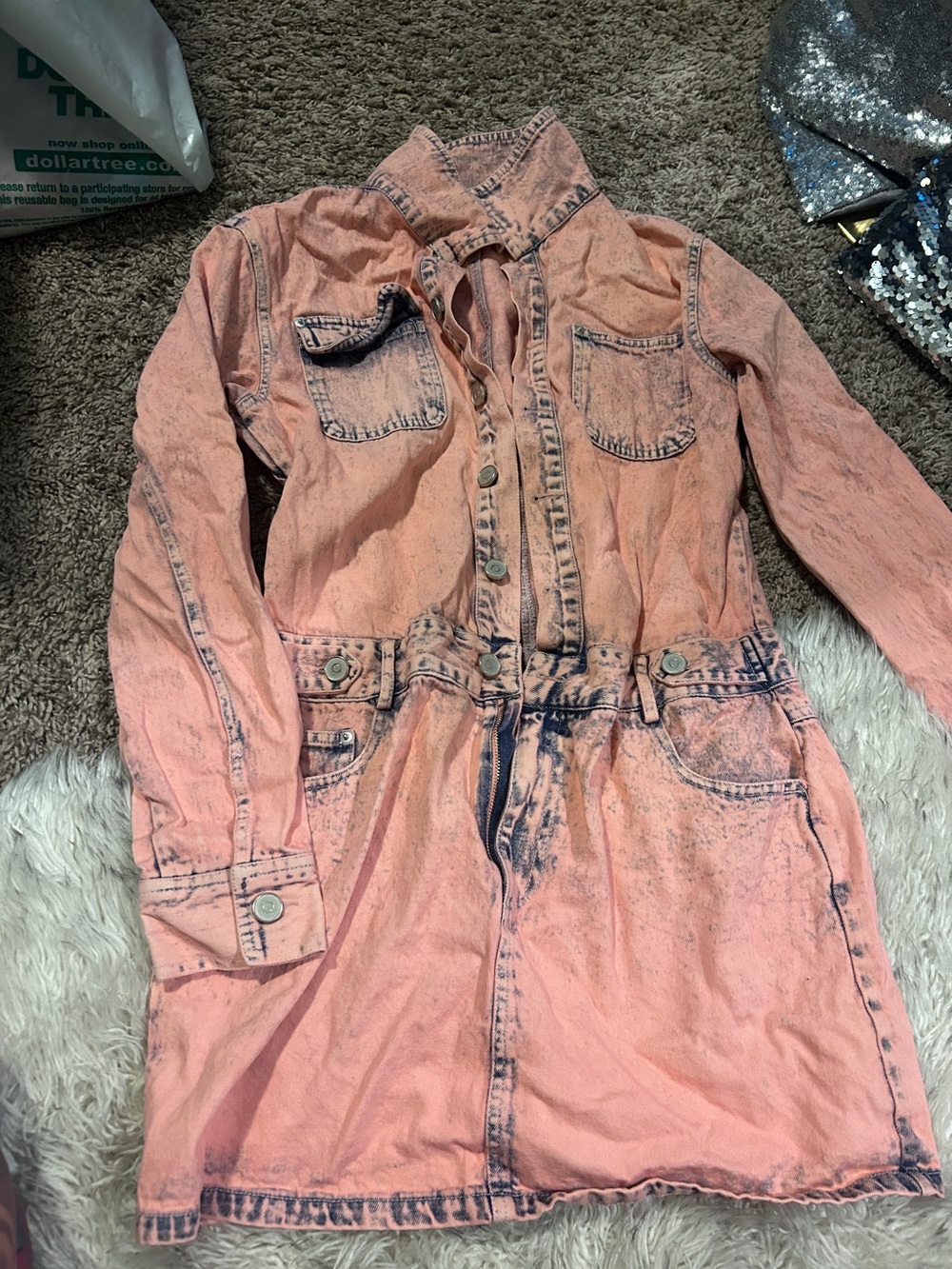 Pink Acid-Wash Denim Utility romper